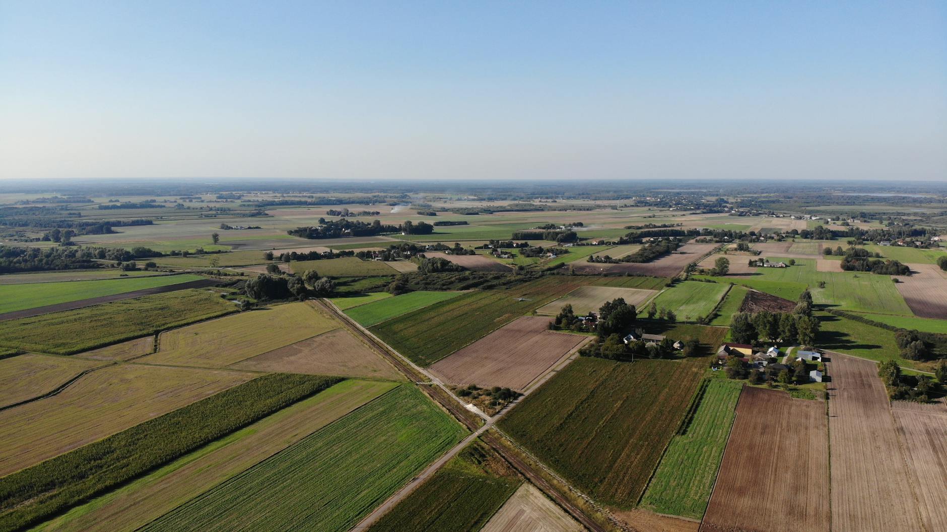 Panoramiczny widok z lotu ptaka na pola uprawne w Nadrybiu Ukazowym